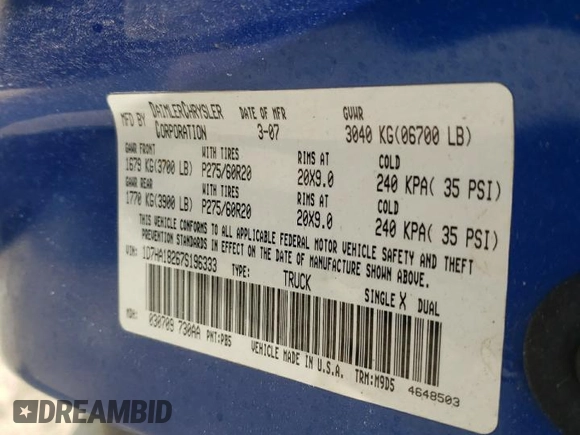 2007 Dodge 1500 SLT with VIN 1D7HA18267S196333, listed as a Copart auction lot 56033465 with 202,305 mi miles and Salvage Title. Bid and sale history available at DreamBid. Image 12.