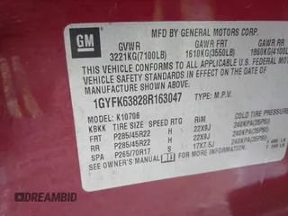 2008 Cadillac Escalade z VIN 1GYFK63828R163047, wystawiony jako IAAI lot #42434421 z przebiegiem 239 964 mil mil oraz . Historia ofert i sprzedaży dostępna na DreamBid. Obrazek 9.