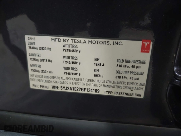 2016 Tesla Model S 90D with VIN 5YJSA1E22GF124109, listed as a IAAI auction lot 42487466 with 83,593 mi miles and . Bid and sale history available at DreamBid. Image 9.