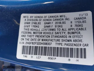 2013 Honda Civic Sdn LX with VIN 2HGFB2F52DH598307, listed as a IAAI auction lot 41971551 with 61,362 mi miles. Bid and sale history available at carsss.com. Image 9.