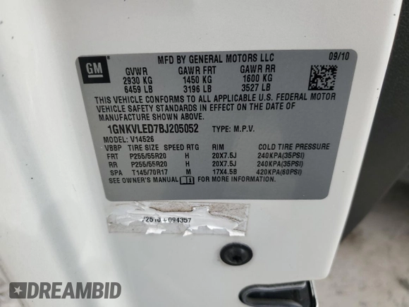 2011 Chevrolet Traverse LTZ with VIN 1GNKVLED7BJ205052, listed as a Copart auction lot 47193905 with 148,282 mi miles and Clean Title. Bid and sale history available at DreamBid. Image 13.