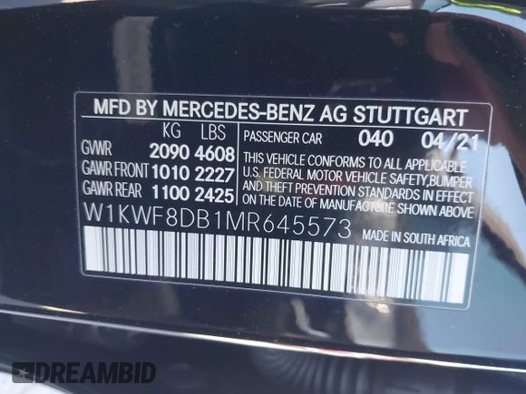 2021 Mercedes-Benz C 300 with VIN W1KWF8DB1MR645573, listed as a IAAI auction lot 41756047 with Not provided miles and . Bid and sale history available at DreamBid. Image 9.