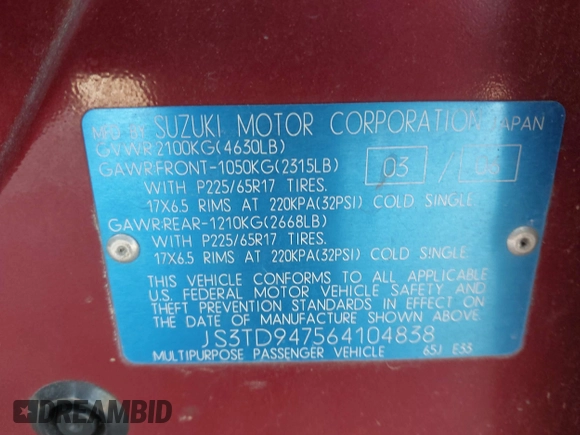 2006 Suzuki Grand Vitara Luxury z VIN JS3TD947564104838, wystawiony jako IAAI lot #42082783 z przebiegiem 122 912 mil mil oraz . Historia ofert i sprzedaży dostępna na DreamBid. Obrazek 9.