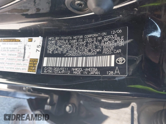 2007 Toyota Prius with VIN JTDKB20U377598569, listed as a IAAI auction lot 42678991 with 226,965 mi miles and . Bid and sale history available at DreamBid. Image 9.