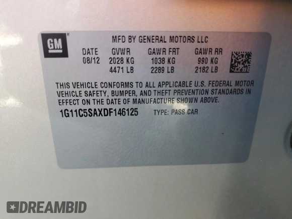 2013 Chevrolet Malibu LT with VIN 1G11C5SAXDF146125, listed as a Copart auction lot 51122775 with 136,426 mi miles and Salvage Title. Bid and sale history available at DreamBid. Image 12.