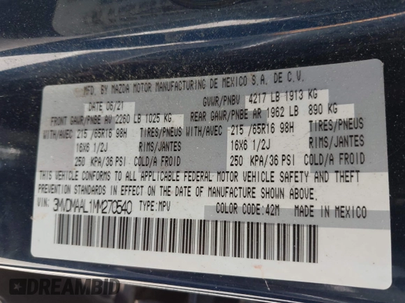 2021 Mazda CX-30 S with VIN 3MVDMAAL1MM270540, listed as a IAAI auction lot 42521513 with 63,993 mi miles and . Bid and sale history available at DreamBid. Image 9.
