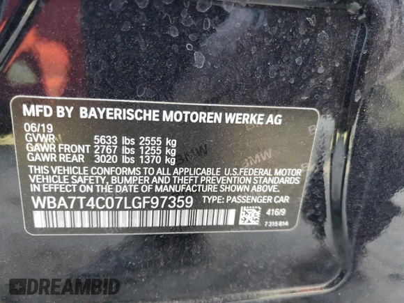 2020 BMW 7 Series 740i xDrive с VIN WBA7T4C07LGF97359, выставлен на аукционе Copart как лот 76987604 с пробегом Не указан миль и Списание • Salvage title. История ставок и продаж доступна на DreamBid. Изображение 12.