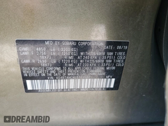 2020 Subaru Outback Limited with VIN 4S4BTANCXL3103580, listed as a Copart auction lot 59314255 with 56,850 mi miles and Salvage title. Bid and sale history available at DreamBid. Image 12.