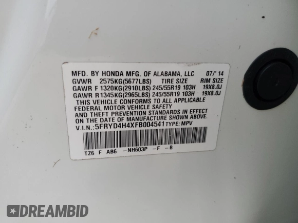 2015 Acura MDX Technology with VIN 5FRYD4H4XFB004541, listed as a Copart auction lot 74506124 with 106,304 mi miles and Salvage title. Bid and sale history available at DreamBid. Image 14.