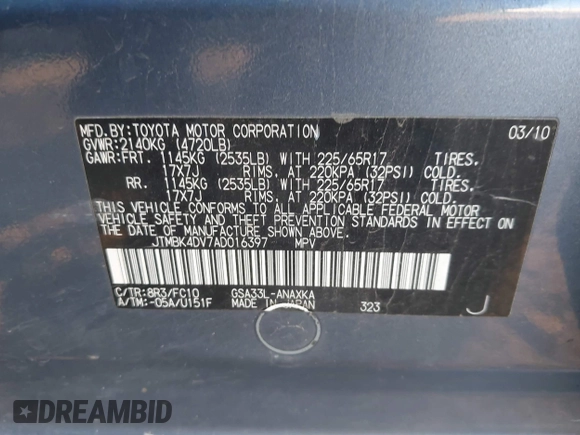 2010 Toyota RAV4 with VIN JTMBK4DV7AD016397, listed as a IAAI auction lot 41455051 with 145,930 mi miles. Bid and sale history available at carsss.com. Image 9.