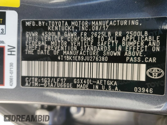2018 Toyota Avalon XLE with VIN 4T1BK1EB9JU276380, listed as a Copart auction lot 52204965 with 110,860 mi miles and Salvage Title. Bid and sale history available at DreamBid. Image 12.