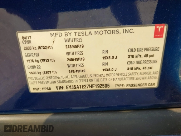 2017 Tesla Model S 100D with VIN 5YJSA1E27HF192505, listed as a IAAI auction lot 42409365 with 111,881 mi miles and . Bid and sale history available at DreamBid. Image 9.