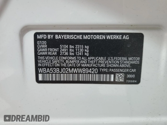 2021 BMW 5 Series 540i with VIN WBA53BJ02MWW89420, listed as a Copart auction lot 47662075 with 58,680 mi miles and Salvage Title. Bid and sale history available at DreamBid. Image 12.