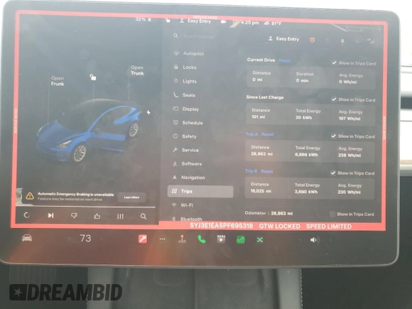 2023 Tesla Model 3 with VIN 5YJ3E1EA5PF695318, listed as a Copart auction lot 53832935 with 28,863 mi miles and Salvage title. Bid and sale history available at DreamBid. Image 9.