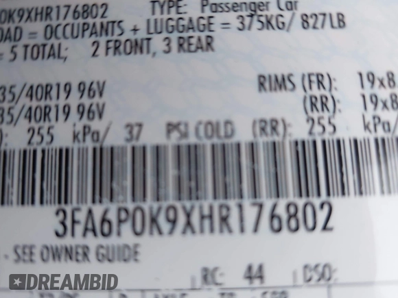 2017 Ford Fusion Titanium with VIN 3FA6P0K9XHR176802, listed as a IAAI auction lot 41953750 with 119,455 mi miles. Bid and sale history available at carsss.com. Image 9.