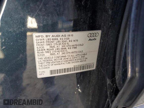 2011 Audi Q7 S line with VIN WA1DGAFE2BD003185, listed as a Copart auction lot 79192554 with 164,365 mi miles and Salvage title. Bid and sale history available at DreamBid. Image 13.