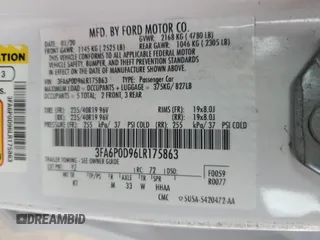 2020 Ford Fusion Titanium with VIN 3FA6P0D96LR175863, listed as a Copart auction lot 60570305 with 76,064 mi miles and Salvage title. Bid and sale history available at DreamBid. Image 12.
