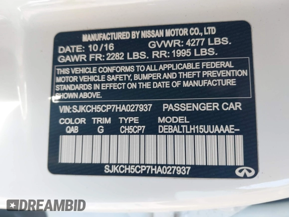 2017 Infiniti QX30 Sport with VIN SJKCH5CP7HA027937, listed as a IAAI auction lot 41190531 with 89,493 mi miles. Bid and sale history available at carsss.com. Image 9.