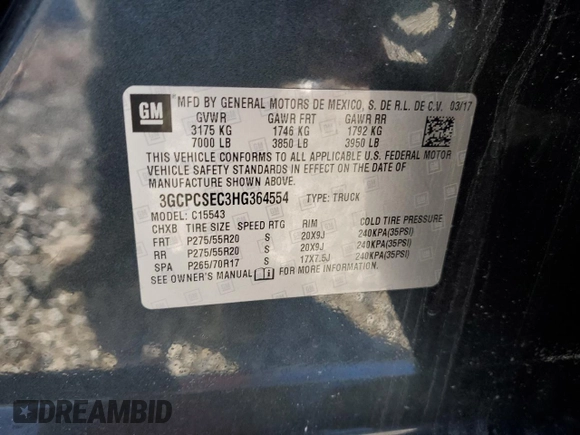 2017 Chevrolet Silverado 1500 LTZ with VIN 3GCPCSEC3HG364554, listed as a Copart auction lot 87268504 with 92,934 mi miles and Salvage Title. Bid and sale history available at DreamBid. Image 12.