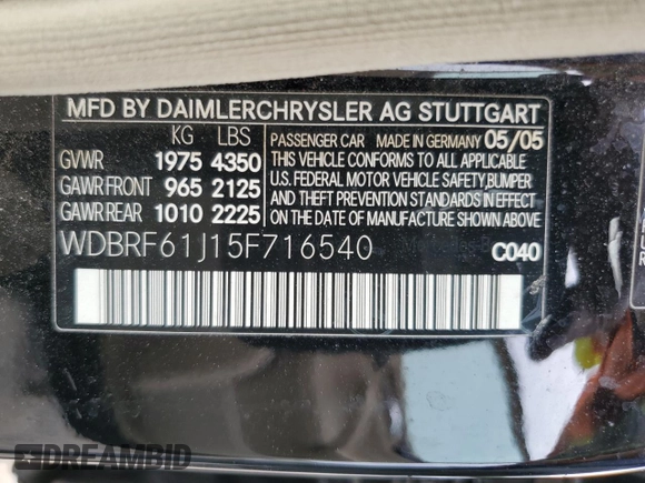 2005 Mercedes-Benz C 240 с VIN WDBRF61J15F716540, выставлен на аукционе Copart как лот 58163125 с пробегом 119 655 миль миль и Списание • Salvage title. История ставок и продаж доступна на DreamBid. Изображение 12.