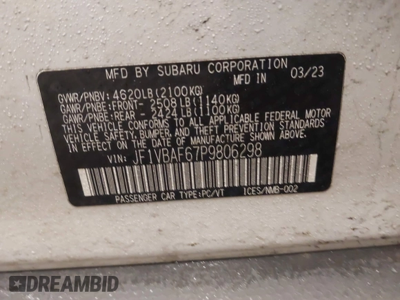 2023 Subaru WRX Premium с VIN JF1VBAF67P9806298, выставлен на аукционе IAAI как лот 41639579 с пробегом 35 000 миль миль и . История ставок и продаж доступна на DreamBid. Изображение 9.