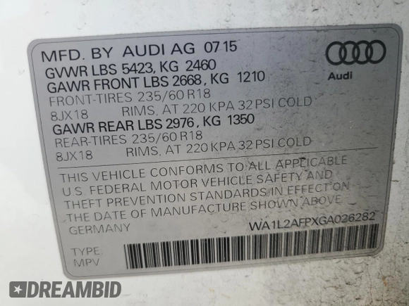 2016 Audi Q5 Premium Plus with VIN WA1L2AFPXGA026282, listed as a Copart auction lot 48286615 with 110,134 mi miles and Salvage Title. Bid and sale history available at carsss.com. Image 13.