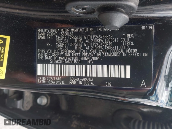 2010 Toyota Highlander Limited with VIN 5TDYK3EH1AS001539, listed as a IAAI auction lot 42426193 with 187,630 mi miles and . Bid and sale history available at DreamBid. Image 9.