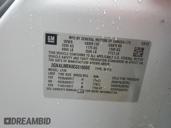 2012 GMC Terrain SLE-1 with VIN 2GKALMEK8C6318560, listed as a Copart auction lot 58246935 with 89,821 mi miles and Clean title. Bid and sale history available at DreamBid. Image 12.