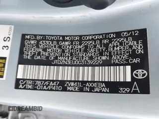 2012 Toyota Prius Two with VIN JTDZN3EU0C3139229, listed as a IAAI auction lot 41782586 with 141,216 mi miles and . Bid and sale history available at DreamBid. Image 9.