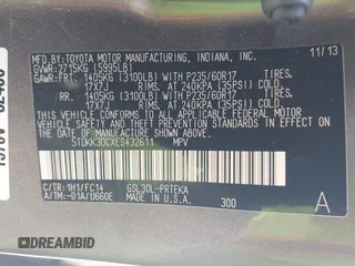 2014 Toyota Sienna LE AAS with VIN 5TDKK3DCXES432611, listed as a IAAI auction lot 40771635 with 214,145 mi miles and . Bid and sale history available at carsss.com. Image 9.