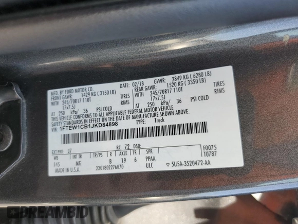 2018 Ford F-150 XL with VIN 1FTEW1CB1JKD84898, listed as a Copart auction lot 47862585 with 160,891 mi miles and Salvage Title. Bid and sale history available at carsss.com. Image 12.