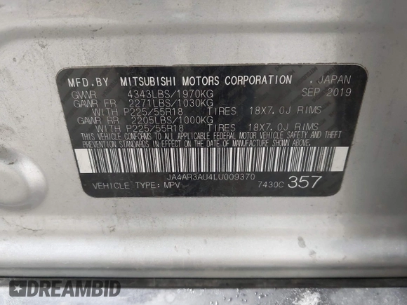 2020 Mitsubishi Outlander Sport ES 2.0 with VIN JA4AR3AU4LU009370, listed as a IAAI auction lot 41297132 with 102,178 mi miles. Bid and sale history available at carsss.com. Image 9.