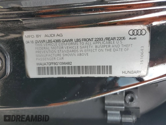 2016 Audi A3 1.8T Premium with VIN WAUA7GFF8G1096482, listed as a Copart auction lot 53952205 with 133,618 mi miles and Clean Title. Bid and sale history available at carsss.com. Image 12.