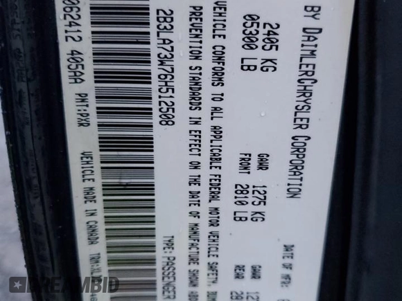 2006 Dodge Charger SRT-8 with VIN 2B3LA73W76H512508, listed as a Copart auction lot 86312114 with 177,592 mi miles and Salvage Title. Bid and sale history available at DreamBid. Image 13.