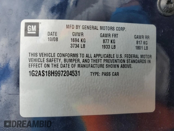 2009 Pontiac G5 with VIN 1G2AS18H997204531, listed as a Copart auction lot 48634655 with 73,936 mi miles and Salvage Title. Bid and sale history available at DreamBid. Image 13.