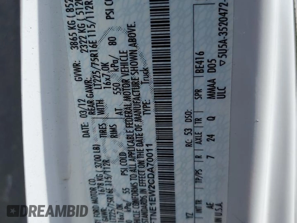 2012 Ford Econoline Cargo Commercial with VIN 1FTNE1EW2CDA70011, listed as a Copart auction lot 49726215 with Not provided miles and Salvage title. Bid and sale history available at DreamBid. Image 13.