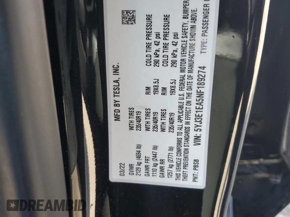 2022 Tesla Model 3 z VIN 5YJ3E1EA5NF189274, wystawiony jako Copart lot #57160765 z przebiegiem 127 420 mil mil oraz Szkoda całkowita • Salvage title. Historia ofert i sprzedaży dostępna na DreamBid. Obrazek 12.