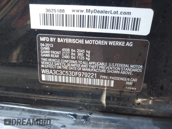2013 BMW 3 Series 320i xDrive z VIN WBA3C3C53DF979221, wystawiony jako IAAI lot #42577544 z przebiegiem 97 135 mil mil oraz . Historia ofert i sprzedaży dostępna na DreamBid. Obrazek 9.