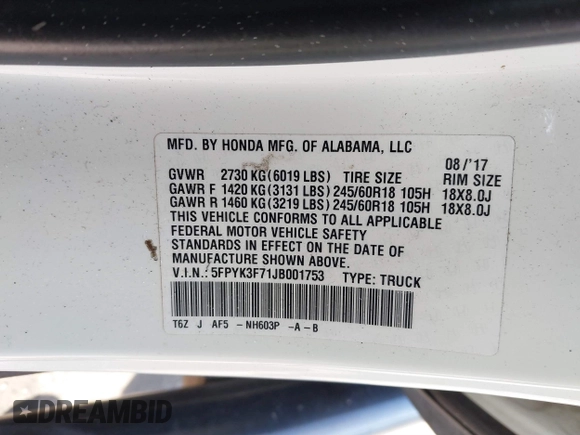 2018 Honda Ridgeline RTL-E with VIN 5FPYK3F71JB001753, listed as a IAAI auction lot 41510248 with 84,551 mi miles and . Bid and sale history available at DreamBid. Image 9.