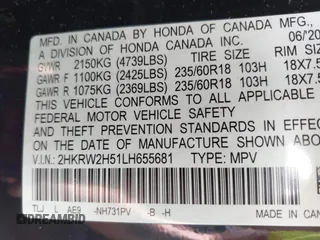 2020 Honda CR-V EX with VIN 2HKRW2H51LH655681, listed as a IAAI auction lot 40318921 with 72,958 mi miles. Bid and sale history available at carsss.com. Image 9.