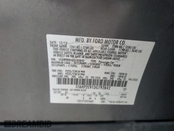 2013 Ford Taurus SEL with VIN 1FAHP2E91DG192842, listed as a Copart auction lot 48508795 with 107,854 mi miles and Salvage Title. Bid and sale history available at carsss.com. Image 14.