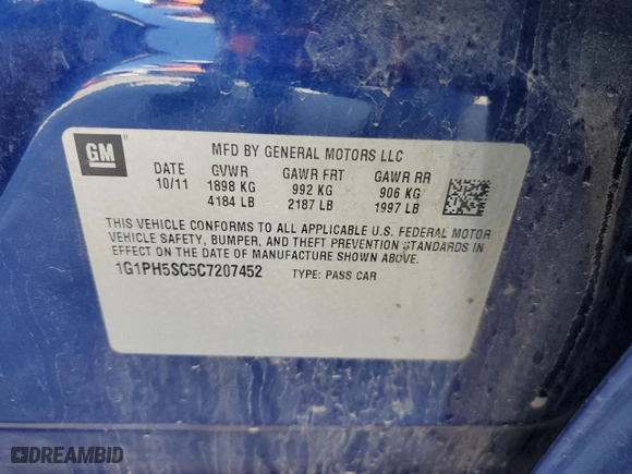 2012 Chevrolet Cruze LTZ with VIN 1G1PH5SC5C7207452, listed as a Copart auction lot 52160745 with 128,185 mi miles and Salvage Title. Bid and sale history available at carsss.com. Image 14.