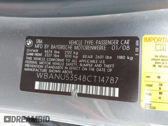 2008 BMW 5 Series 528i with VIN WBANU53548CT14787, listed as a IAAI auction lot 42122305 with 154,309 mi miles and . Bid and sale history available at carsss.com. Image 9.