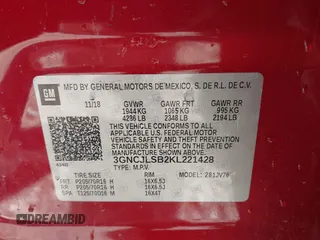 2019 Chevrolet Trax LT with VIN 3GNCJLSB2KL221428, listed as a IAAI auction lot 41805694 with 64,140 mi miles and . Bid and sale history available at carsss.com. Image 9.