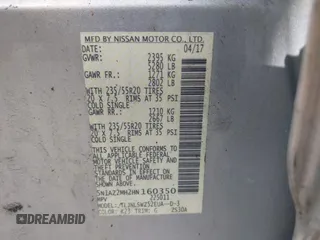 2017 Nissan Murano SL with VIN 5N1AZ2MH2HN160350, listed as a IAAI auction lot 41814946 with Not Provided miles and . Bid and sale history available at carsss.com. Image 9.