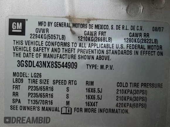 2008 Saturn VUE XE with VIN 3GSDL43NX8S544909, listed as a Copart auction lot 43714675 with 0 mi miles and Salvage Title. Bid and sale history available at carsss.com. Image 13.