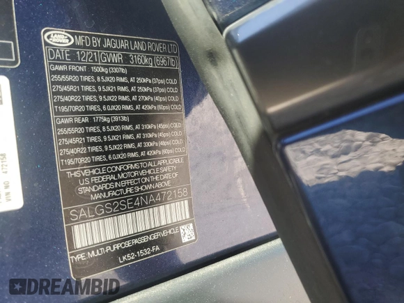 2022 Land Rover Range Rover Westminster z VIN SALGS2SE4NA472158, wystawiony jako Copart lot #72537884 z przebiegiem 41 343 mil mil oraz Szkoda całkowita • Salvage title. Historia ofert i sprzedaży dostępna na DreamBid. Obrazek 13.
