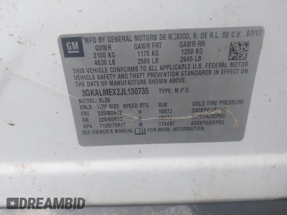 2018 GMC Terrain SLE with VIN 3GKALMEX2JL130735, listed as a IAAI auction lot 35474834 with 73,805 mi miles and . Bid and sale history available at carsss.com. Image 9.
