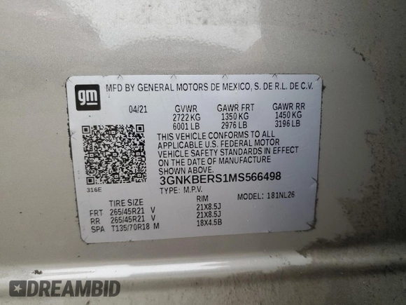 2021 Chevrolet Blazer RS with VIN 3GNKBERS1MS566498, listed as a Copart auction lot 56381635 with 40,519 mi miles and Salvage title. Bid and sale history available at DreamBid. Image 14.