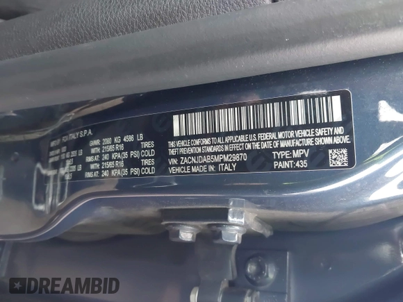 2021 Jeep Renegade Upland Edition with VIN ZACNJDAB5MPM29870, listed as a IAAI auction lot 40884581 with 52,955 mi miles. Bid and sale history available at carsss.com. Image 9.